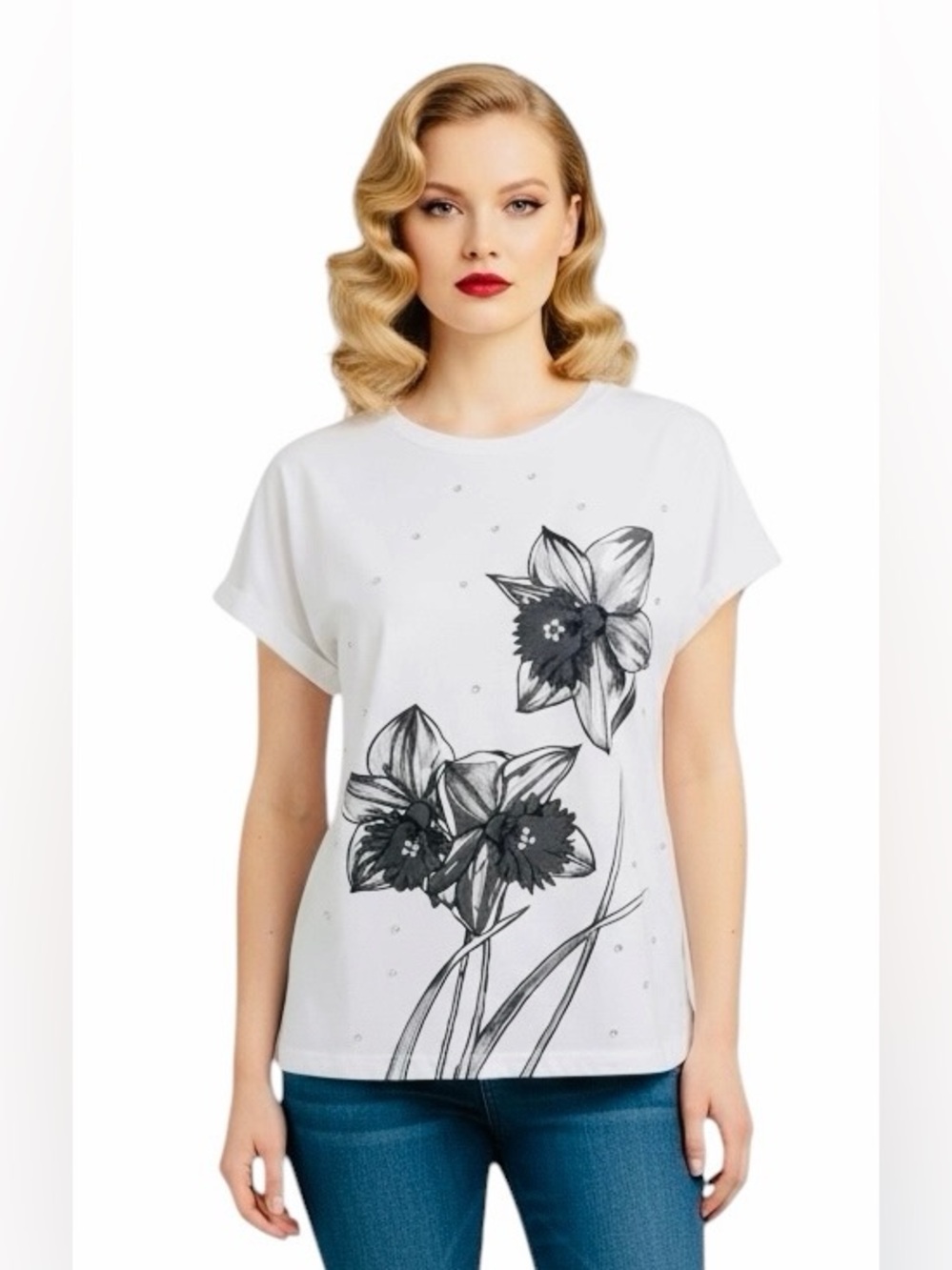 ONTWELFTH VINTAGE FlORAL PAINTED T-SHIRT WITH RHINESTONES.